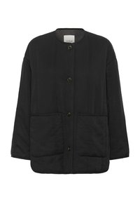 Črna podložena jakna z okroglim izrezom, gumbi spredaj in dvema velikima žepoma. Teksturirana tkanina z nežnimi šivi.