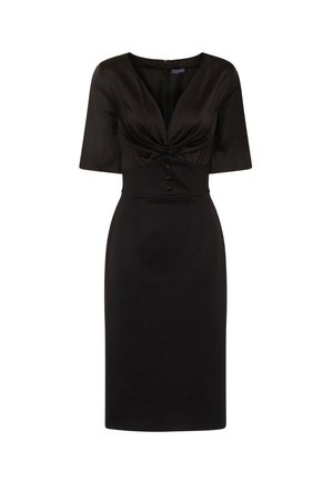 Schwarzes Midi-Kleid mit tiefem V-Ausschnitt, raffiniertem Oberteil, kurzen Ärmeln, tailliertem Leib mit drei Knöpfen und geradem Rock.