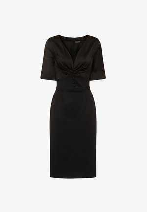 Črna midi obleka z globokim V-izrezom, nabrano telo, kratkimi rokavi, prilegajočim pasom s tremi gumbi in ravnim krilom.