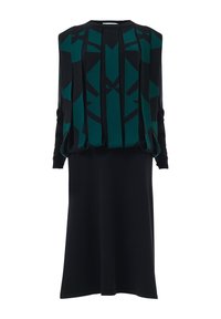 Schwarzes Kleid mit langen Ärmeln und einem oberem Teil mit geometrischem Muster in Teal. Der Stoff wirkt strukturiert mit drapierten Details. Gerade Silhouette.