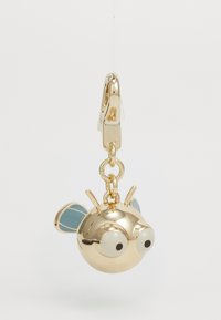 Gold insect-shaped charm with large white eyes, blue accents on wings, and a clasp attachment. Smooth surface with a reflective finish.