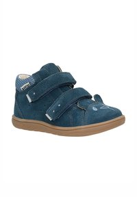 Scarpe alte in suede blu con due cinturini regolabili in velcro e suola in gomma. I dettagli notevoli includono cuciture e una morbida fodera interna.