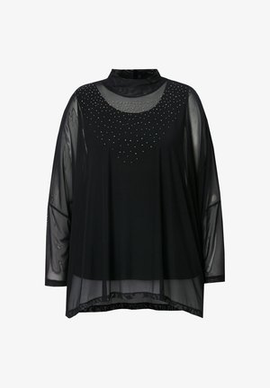 Zwarte doorschijnende top met lange mouwen, hoge kraag en een versierde voorkant met clusters van kleine metalen studs in een gradient patroon.