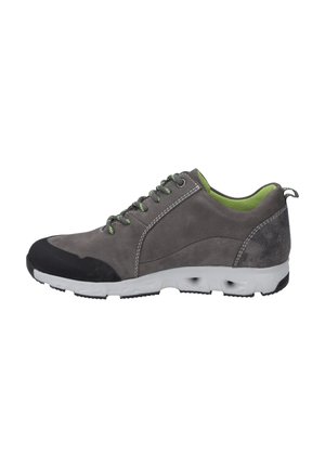 Gray suede shoes with black rubber toe cap, green accents on the inside and laces, textured material, and white sole with ventilation holes.