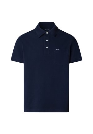Polo bleu marine à manches courtes avec trois boutons et une petite poche poitrine arborant un logo brodé discret.