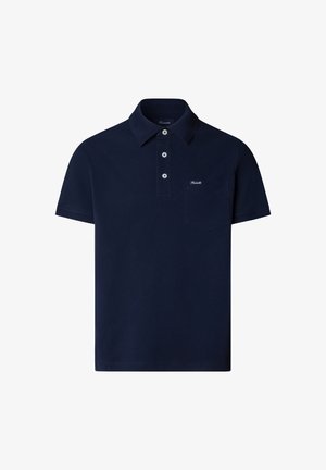 Polo bleu marine à manches courtes avec trois boutons et une petite poche poitrine arborant un logo brodé discret.