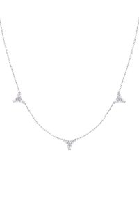 Zilveren ketting met drie driehoekige accenten, elk versierd met een sprankelende edelsteen, aan een delicaat ketting.