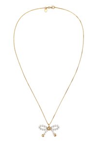 Guld kædedyse med en sløjfe vedhæng lavet af hvide perler med guld akcenter og to små guldperler i enderne.