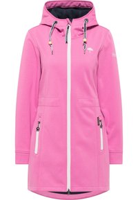 Rosa utomhusjacka med huva, med en framdragkedja, två sidofickor och dragsko. Tillverkad av ett slätt tyg med en lätt glans.