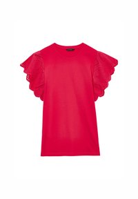 T-shirt rosso a maniche corte con maniche in pizzo ad occhio scallopato e una texture liscia. Design a girocollo, vestibilità casual e colore unito.