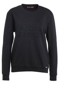 Černá mikina s kulatým výstřihem, dlouhými rukávy a texturovaným nápisem "BOSS ORANGE" na přední straně. Hladká látka a klasický střih.