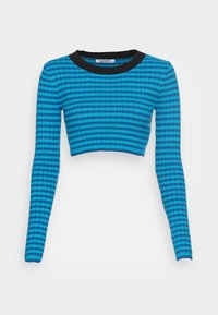 Pull court bleu et noir à rayures avec des manches longues, présentant une texture côtelée et un col rond.