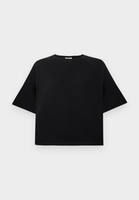 T-shirt noir à manches courtes et col rond, coupe carrée, présenté sur un fond blanc uni.