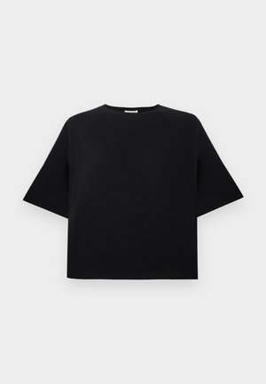 Schwarzes T-Shirt mit kurzen Ärmeln und Rundhalsausschnitt, kastiger Passform, vor einem schlichten weißen Hintergrund dargestellt.