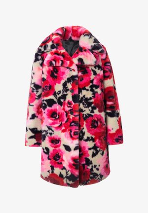 Cappotto in pelliccia sintetica con motivo floreale nei toni di rosa, rosso e nero. Presenta un ampio colletto, chiusura a bottoni e una vestibilità morbida. Tessuto morbido.