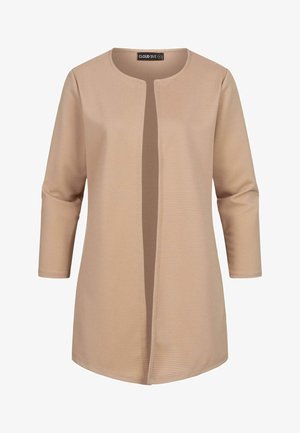 Top beige à manches longues avec un col rond et une ouverture sur le devant, présentant un design en ribbed texturé et des détails de panneaux verticaux unis.