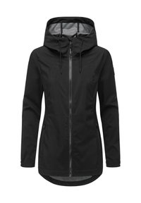 Veste noire avec capuche, fermeture éclair et cordons de serrage ajustables. Comprend des poches latérales et un ourlet arrondi pour une couverture supplémentaire.