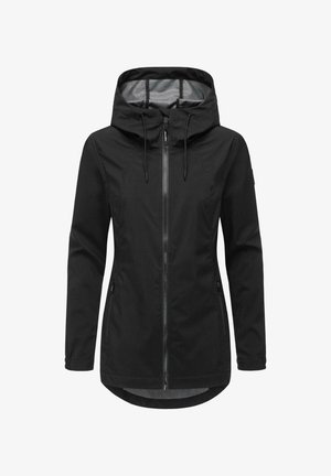 Black jacket with a hood, zip closure, and adjustable drawstrings. Features side pockets and a curved hem for added coverage.