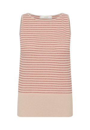 Haut tricoté sans manches rose clair avec de fines rayures rouges horizontales et un large ourlet uni rose en bas, doté d'un col rond.