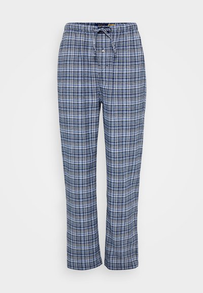 Μπλε καρό πιτζάμα με ελαστική μέση και κορδόνι, κατασκευασμένη από μαλακό ύφασμα και με άνετη εφαρμογή.