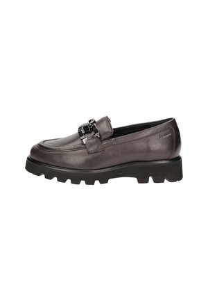 Dunkelbrauner Lederloafer mit schwarzer, grob profilierter Gummisohle und metallischem Schnallendetail oben.