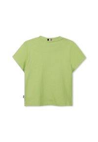 T-shirt verde in cotone a maniche corte con scollatura rotonda, orlo dritto e piccolo etichetta sul lato. Texture liscia, design semplice.