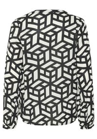 Zwart-wit langemouwen shirt met een geometrisch kubuspatroon, voorzien van een knoopsluiting bij de manchetten en een relaxte pasvorm. Achteraanzicht getoond.
