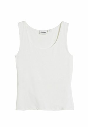 Weißes Tanktop mit Rundhalsausschnitt, ärmellosem Design, aus glattem Stoff. Enthält ein kleines Etikett mit der Größenzahl "S".