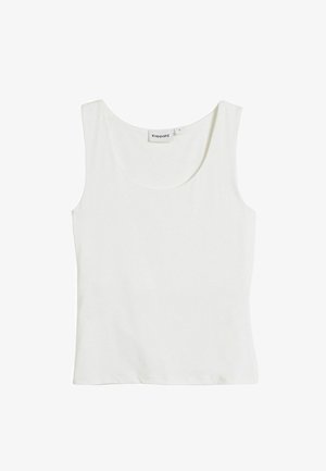 Weißes Tanktop mit Rundhalsausschnitt, ärmellosem Design, aus glattem Stoff. Enthält ein kleines Etikett mit der Größenzahl "S".