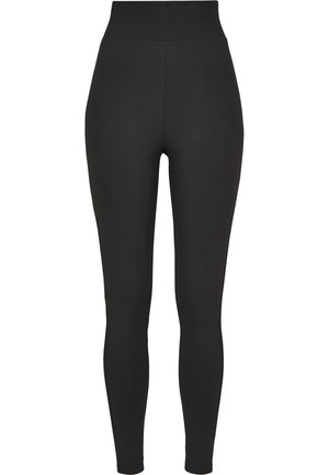 Høytlivssvarte leggings laget av elastisk stoff, med en jevn tekstur og tettsittende design som strekker seg til ankellengde.
