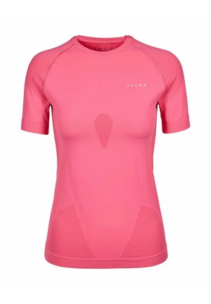 Dames getailleerd, kort mouw, felroze sportshirt met gestructureerde patronen op schouders en zijkanten en klein "FALKE"-logo op de borst.