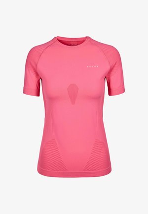 Dames getailleerd, kort mouw, felroze sportshirt met gestructureerde patronen op schouders en zijkanten en klein "FALKE"-logo op de borst.