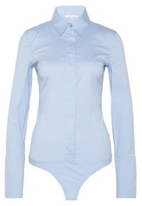 Light blue long-sleeve bodysuit with a structured collar, button closure, and fitted silhouette, made of smooth, stretchy fabric.