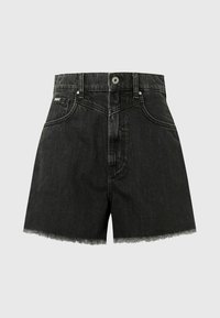 Musta denimin shortsit, joissa on korkeavyötärö ja repaleiset lahkeensuut. Shortsissa on viisi taskua, vyölenkit sekä metalliset napit ja niittikoristeet.