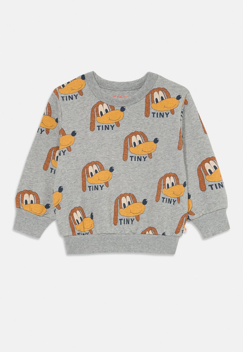 Felpa grigia con maniche lunghe, caratterizzata da una stampa ripetuta di volti di cani dei cartoni animati e dalla parola "TINY" in arancione e nero. Tessuto morbido.