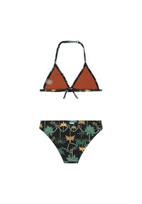 Bikini set s halter krkom a trojuholníkovými košíčkami v oranžovej a čiernej farbe, a s nohavičkami so vzorom zeleného a zlatého lístia na čiernom podklade.