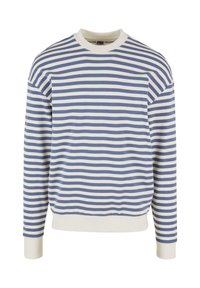 Sudadera a rayas con franjas horizontales alternas en azul y blanco, material de algodón suave, cuello redondo y puños y dobladillo acanalados.