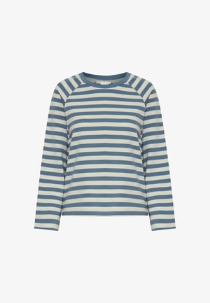 Ribade pikkade varrukatega särk helesinises ja kreemjas värvitoonis, ümmarguse kaelusega, raglanvarrukatega ja pehmest puuvillasegust kangast.