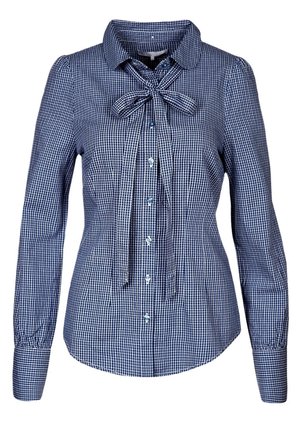 Blouse à manches longues bleue et blanche à carreaux avec boutons sur le devant et un nœud noué au col, taille cintrée.