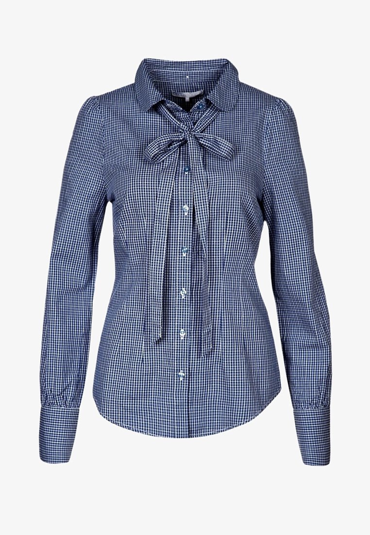 Blouse à manches longues bleue et blanche à carreaux avec boutons sur le devant et un nœud noué au col, taille cintrée.
