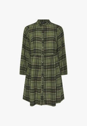 Vestido de cuadros verde oscuro con mangas largas, cuello, botonera en la parte delantera y cintura fruncida. Hecho de una suave tela texturizada.