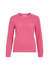 Roze gebreide trui met een ronde hals, lange mouwen en geribbelde manchetten. Heeft een gestructureerd, geweven patroon door het lichaam en de mouwen.