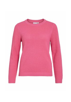Suéter de punto rosa con escote redondo, mangas largas y puños acanalados. Presenta un patrón texturizado y tejido en todo el cuerpo y las mangas.