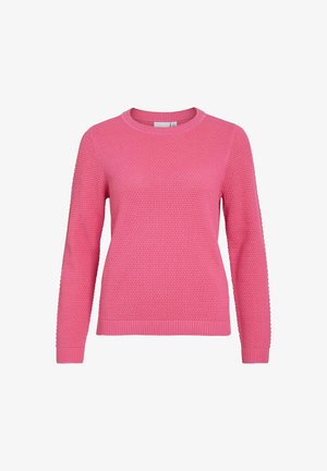 Lyserød strikket sweater med rund halsudskæring, lange ærmer og ribbede manchetter. Har et struktureret, vævet mønster gennem hele kroppen og ærmerne.