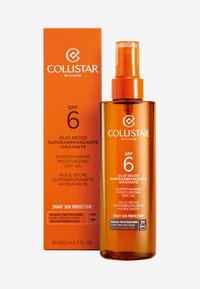 Collistar torrolja i en transparent bärnstensflaska med en orange pumpmunstycke. Accompanjerad av en matchande orange låda som visar SPF 6.