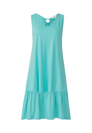 Aqua-blauwe mouwloze jurk met een ronde sleutelgatdetail bij de halslijn en een fladderige, gerimpelde zoom. Gemaakt van zachte, gladde stof.