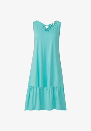 Aqua-blauwe mouwloze jurk met een ronde sleutelgatdetail bij de halslijn en een fladderige, gerimpelde zoom. Gemaakt van zachte, gladde stof.