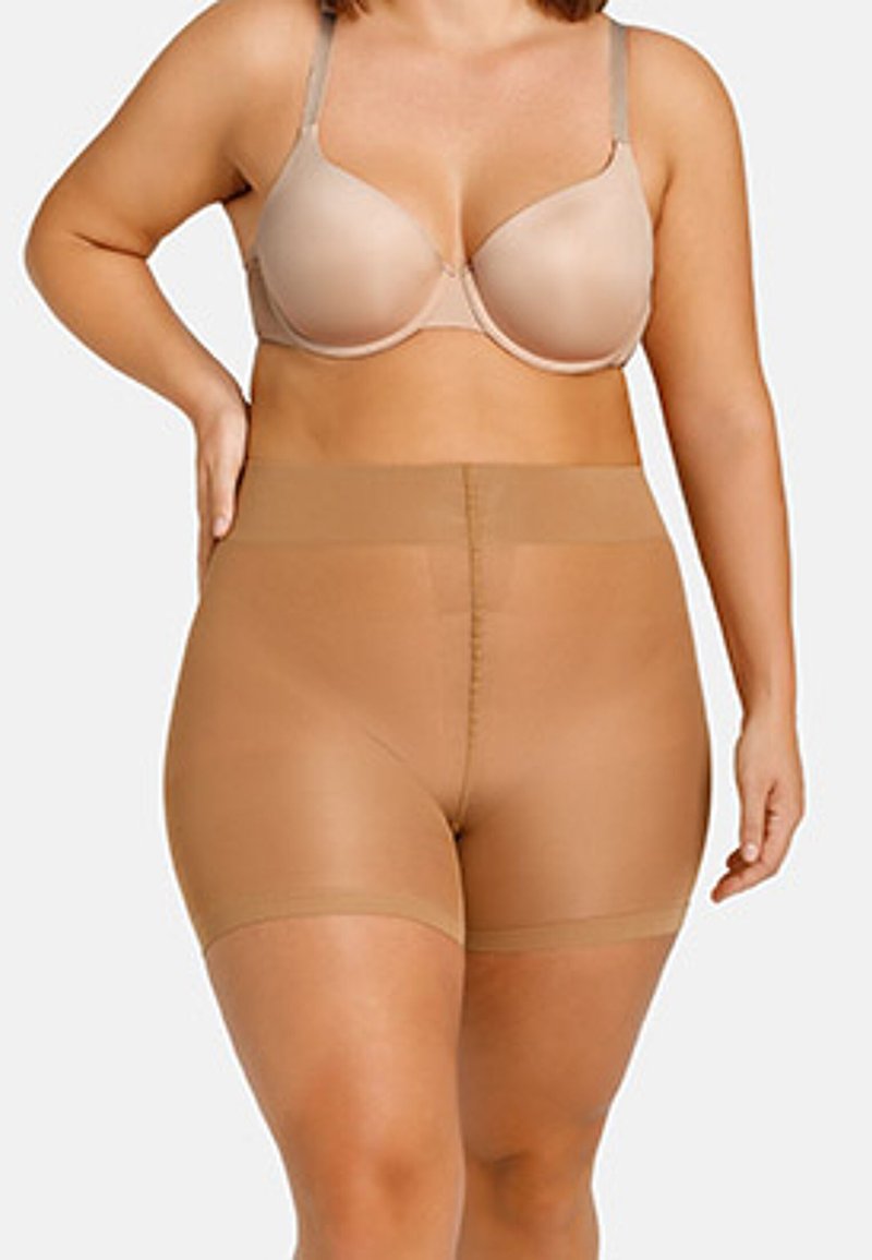 Shorts modellanti a vita alta beige realizzati in materiale liscio ed elasticizzato, dotati di una ampia fascia in vita e design senza cuciture per comfort e supporto.