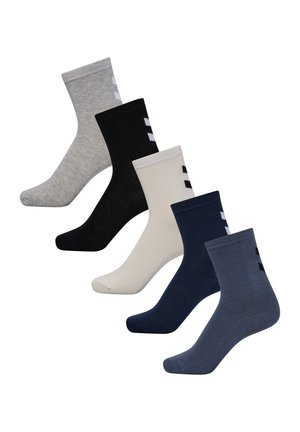 Five pairs of crew socks in gray, black, off-white, navy, and dark gray, each with three horizontal stripes near the cuff.