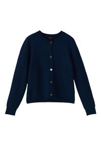 Granatowy prążkowany kardigan wykonany z teksturowanej tkaniny, z okrągłym dekoltem, zapięciem na guziki i długimi rękawami.